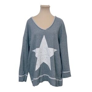 Enso by Indigo Women Sweatshirt M/L Gray Distressed Star V-Neck Raw Hem Cotton